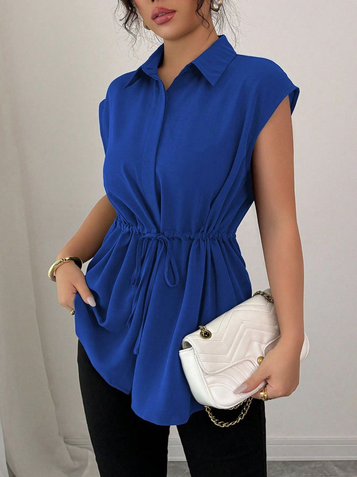 Drawstring Waist Cap Sleeve Shirt (31)