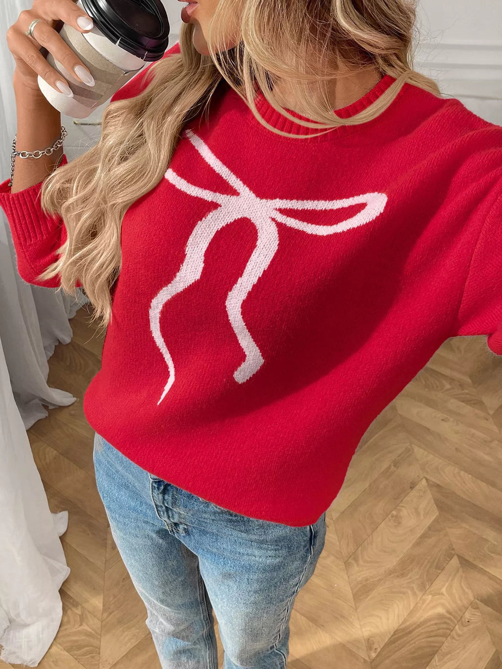 Bow Round Neck Long Sleeve Sweater (4)