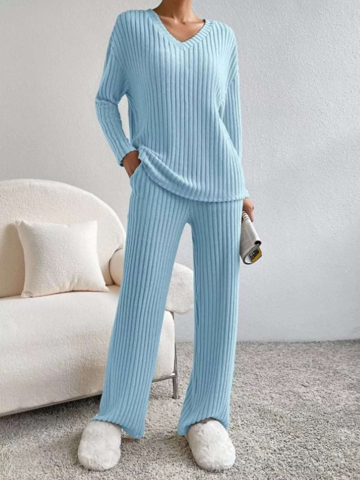Ribbed Knit V-neck Top Pants Set (21)
