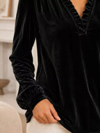 V-neck Ruffle Trim Velvet Blouse (9)
