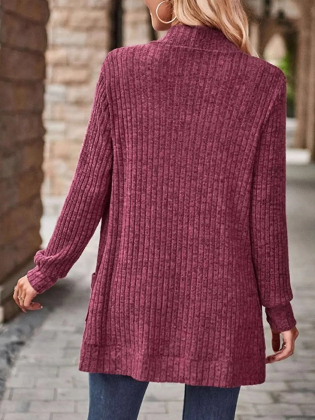 Ribbed Knit Open Front Cardigan Pockets (6)