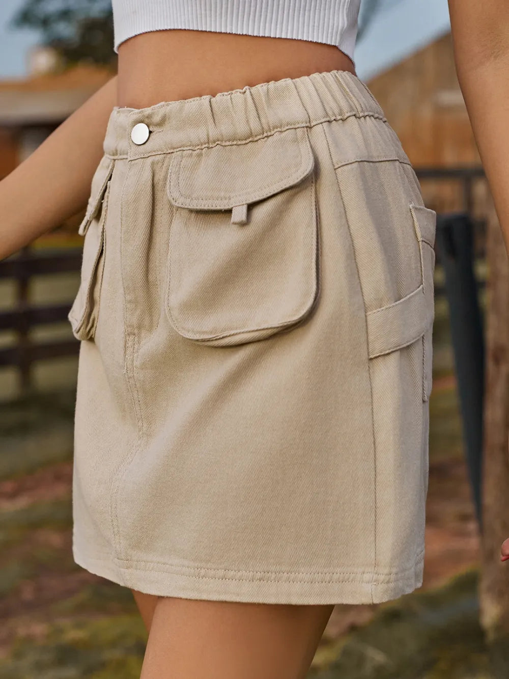 Pocketed Elastic Waist Denim Skirt (12)