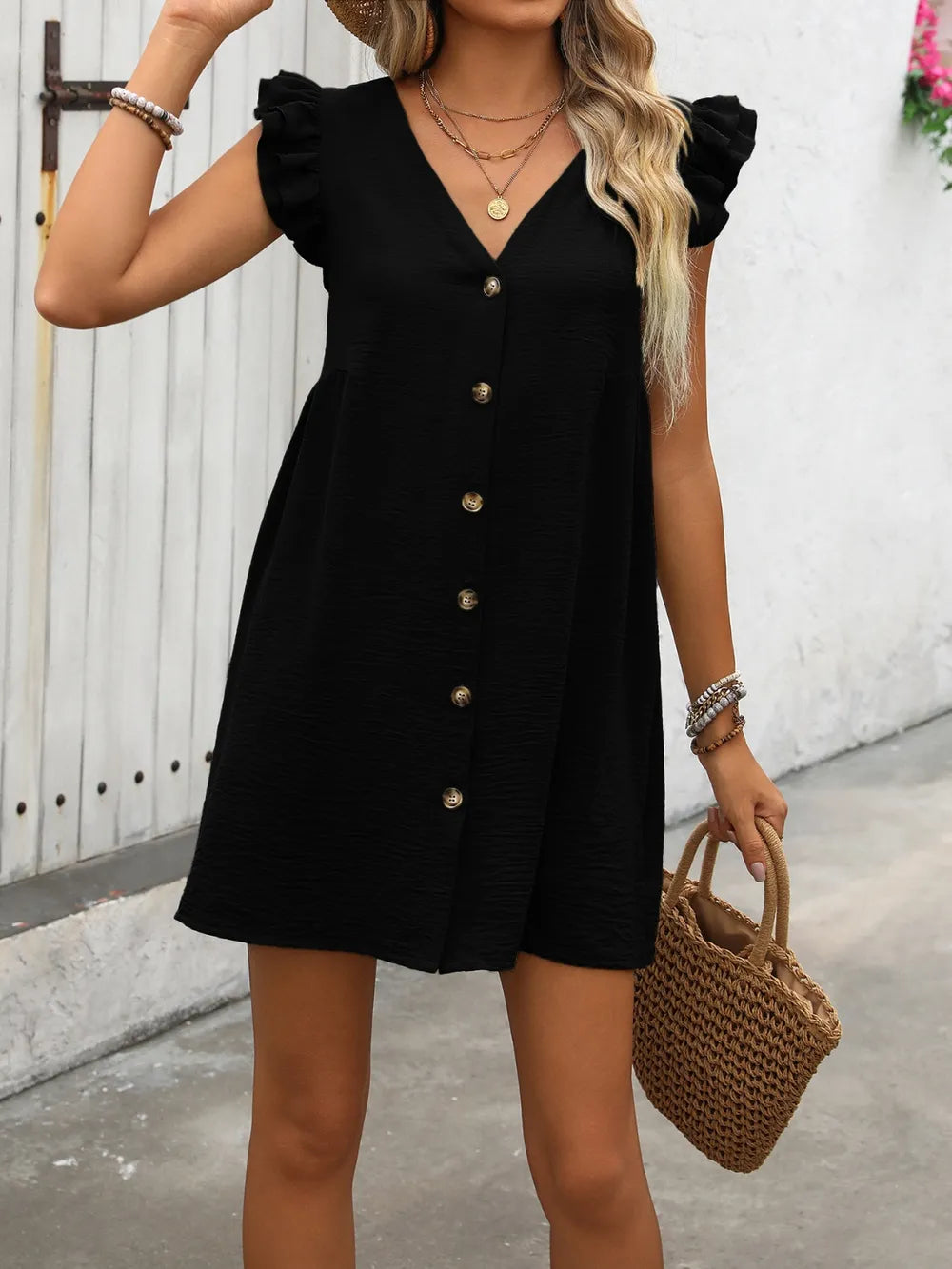 Button Up V-neck Cap Sleeve Mini Dress (13)