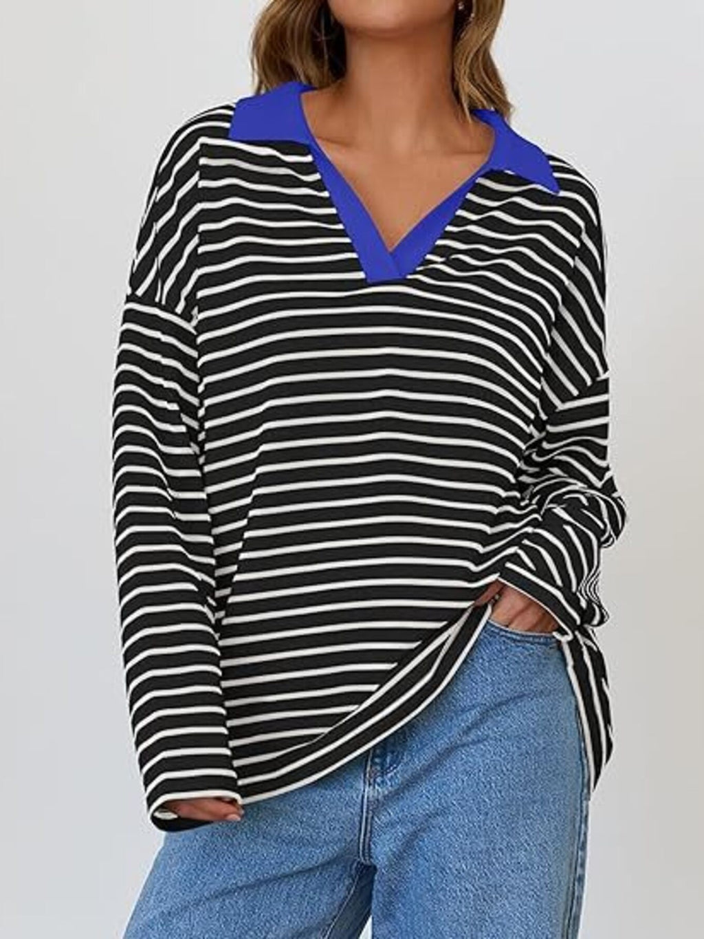 Striped Contrast Collar Long Sleeve Top (11)