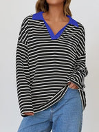 Striped Contrast Collar Long Sleeve Top (11)