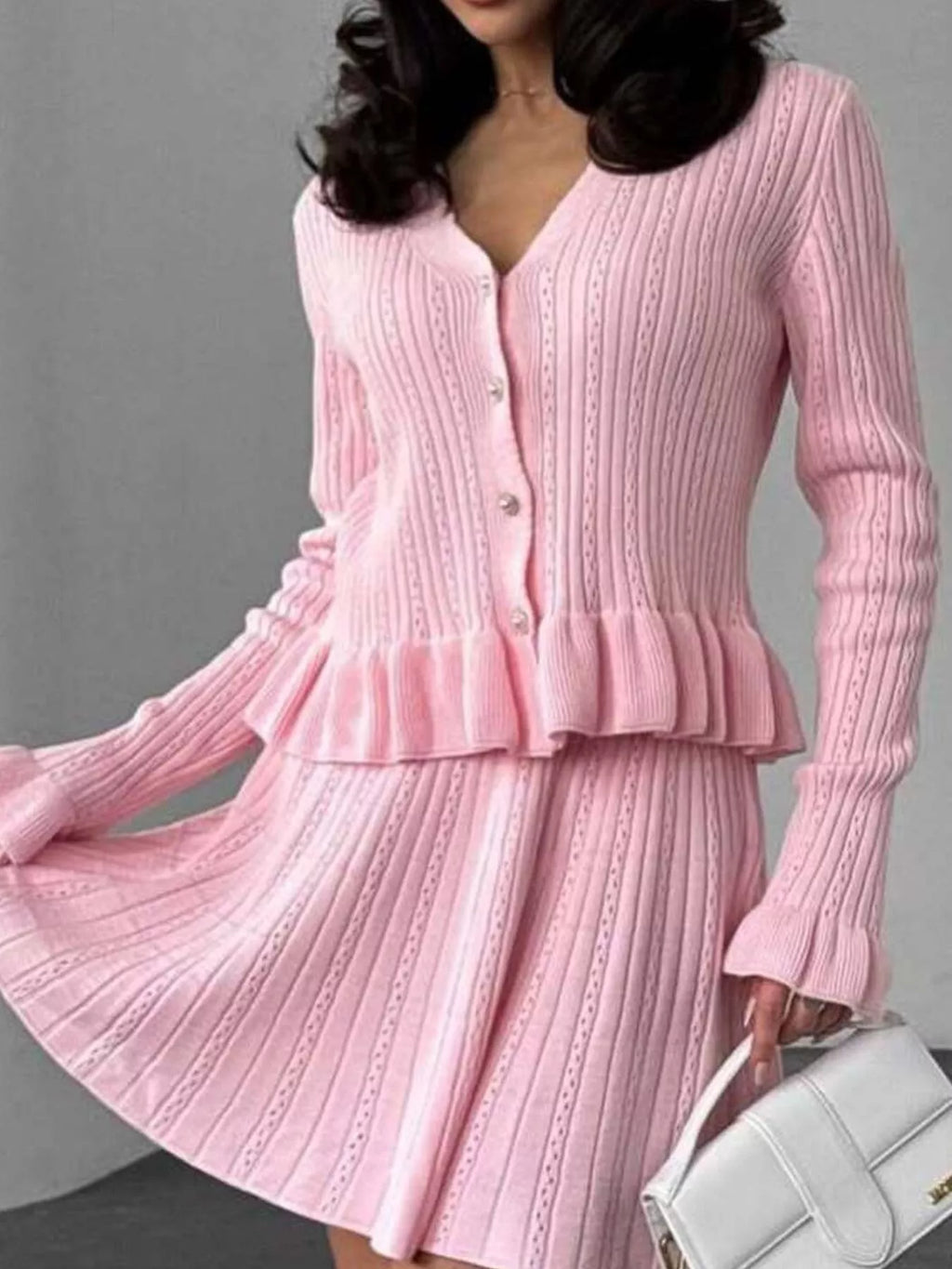 Ruffle Trim Knit Cardigan Skirt Set (3)