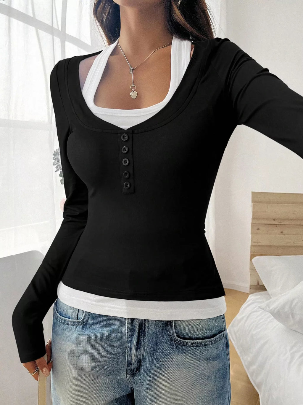Scoop Neck Long Sleeve Fake Two-piece T-shirt (15)