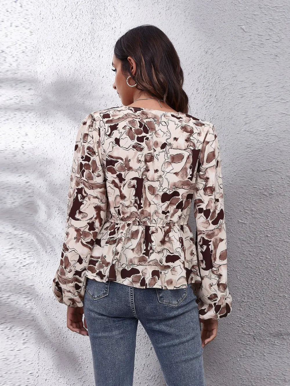 Ruched Printed V-neck Long Sleeve Blouse (30)