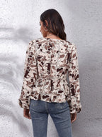 Ruched Printed V-neck Long Sleeve Blouse (30)