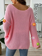Flower Round Neck Long Sleeve Sweater (2)