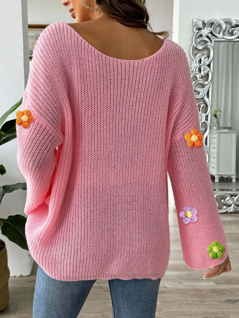 Flower Round Neck Long Sleeve Sweater (2)