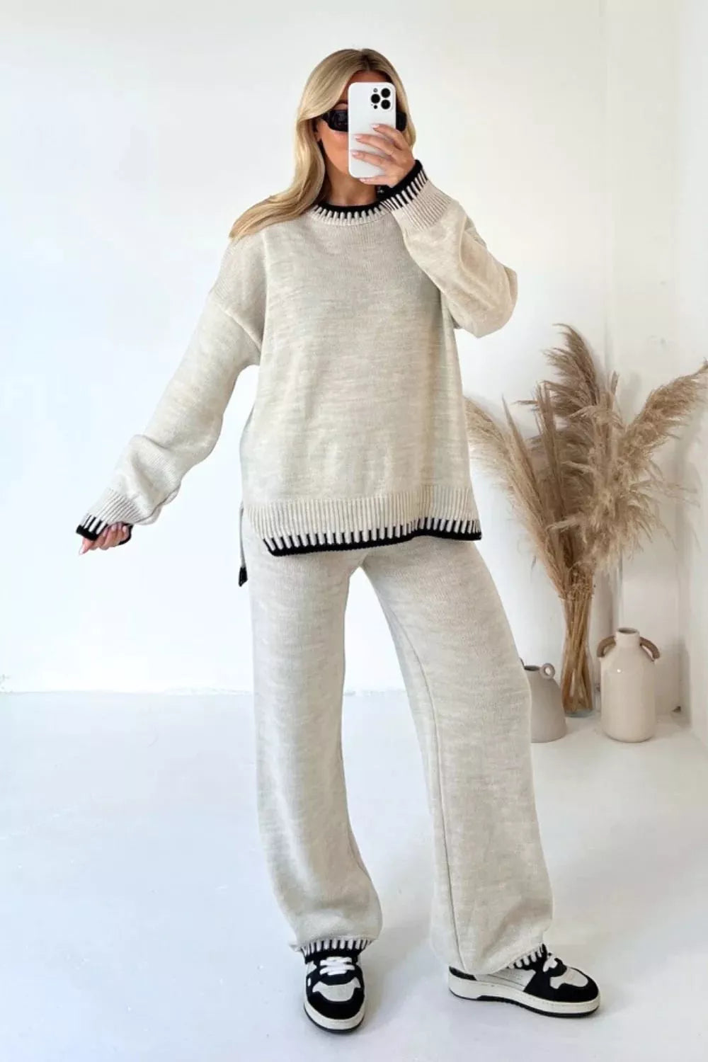 Contrast Trim Round Neck Top Pants Sweater Set (5)