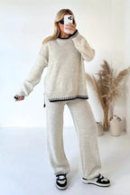 Contrast Trim Round Neck Top Pants Sweater Set (5)