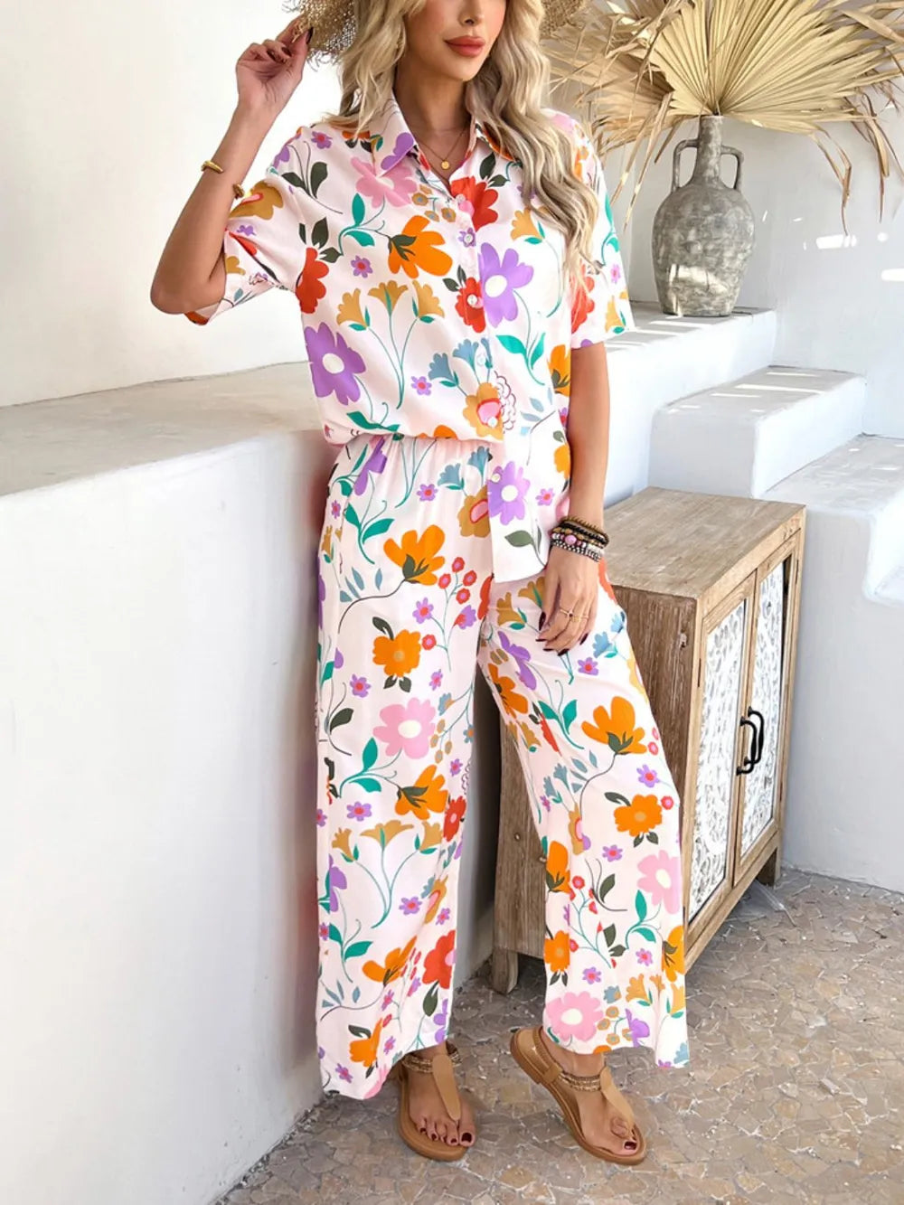 Printed Button Down Shirt Pants Set (11)