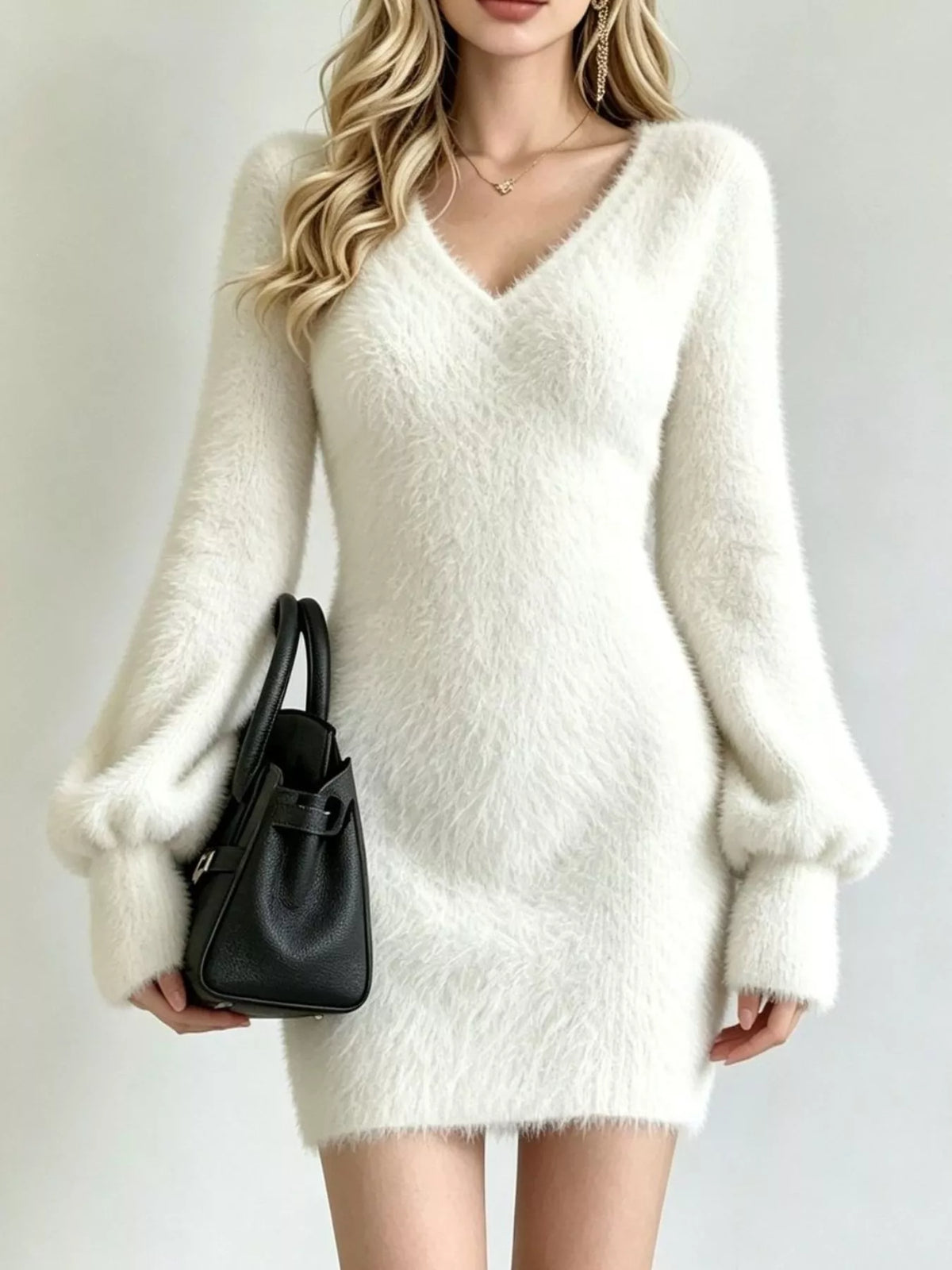 Fuzzy V-neck Long Sleeve Sweater Dress (5)
