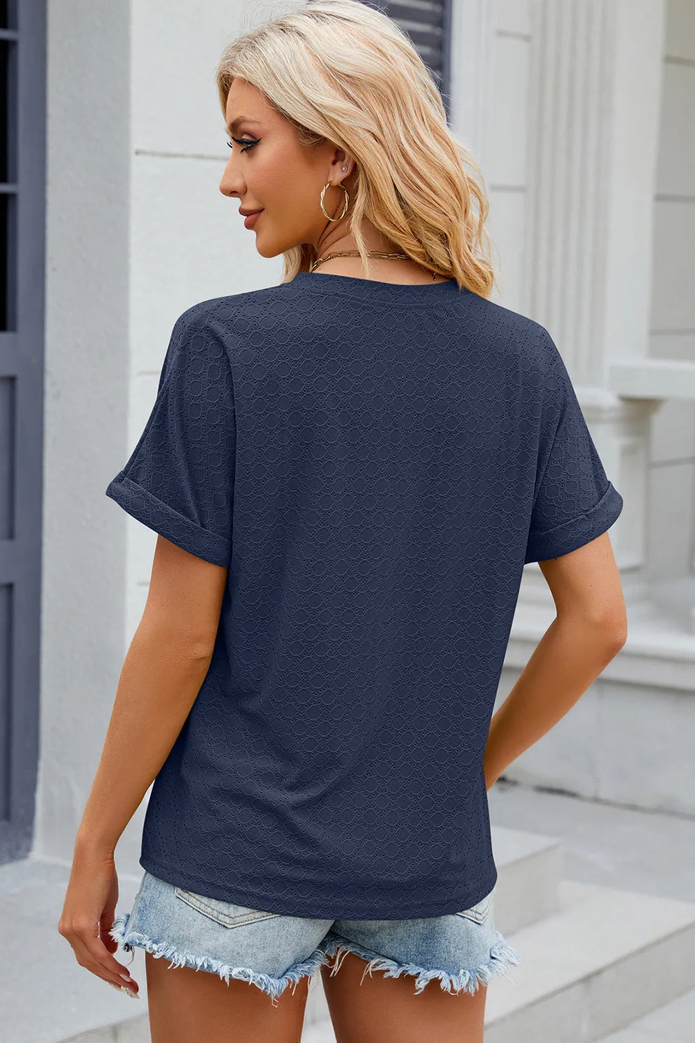 Eyelet Notched Short Sleeve T-shirt (8)