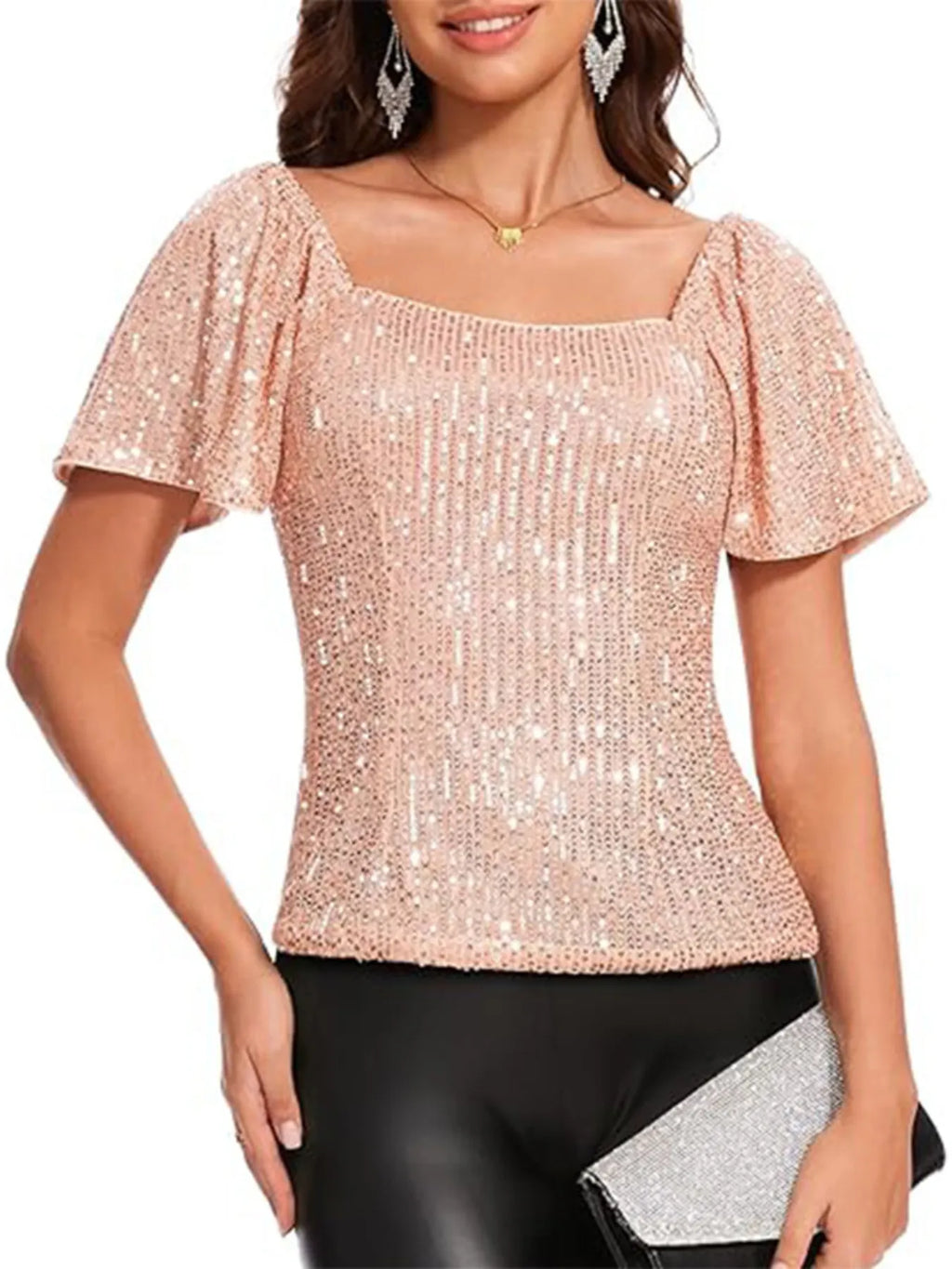 Square Neck Sequin Short Sleeve Blouse (11)
