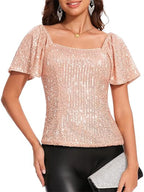 Square Neck Sequin Short Sleeve Blouse (11)