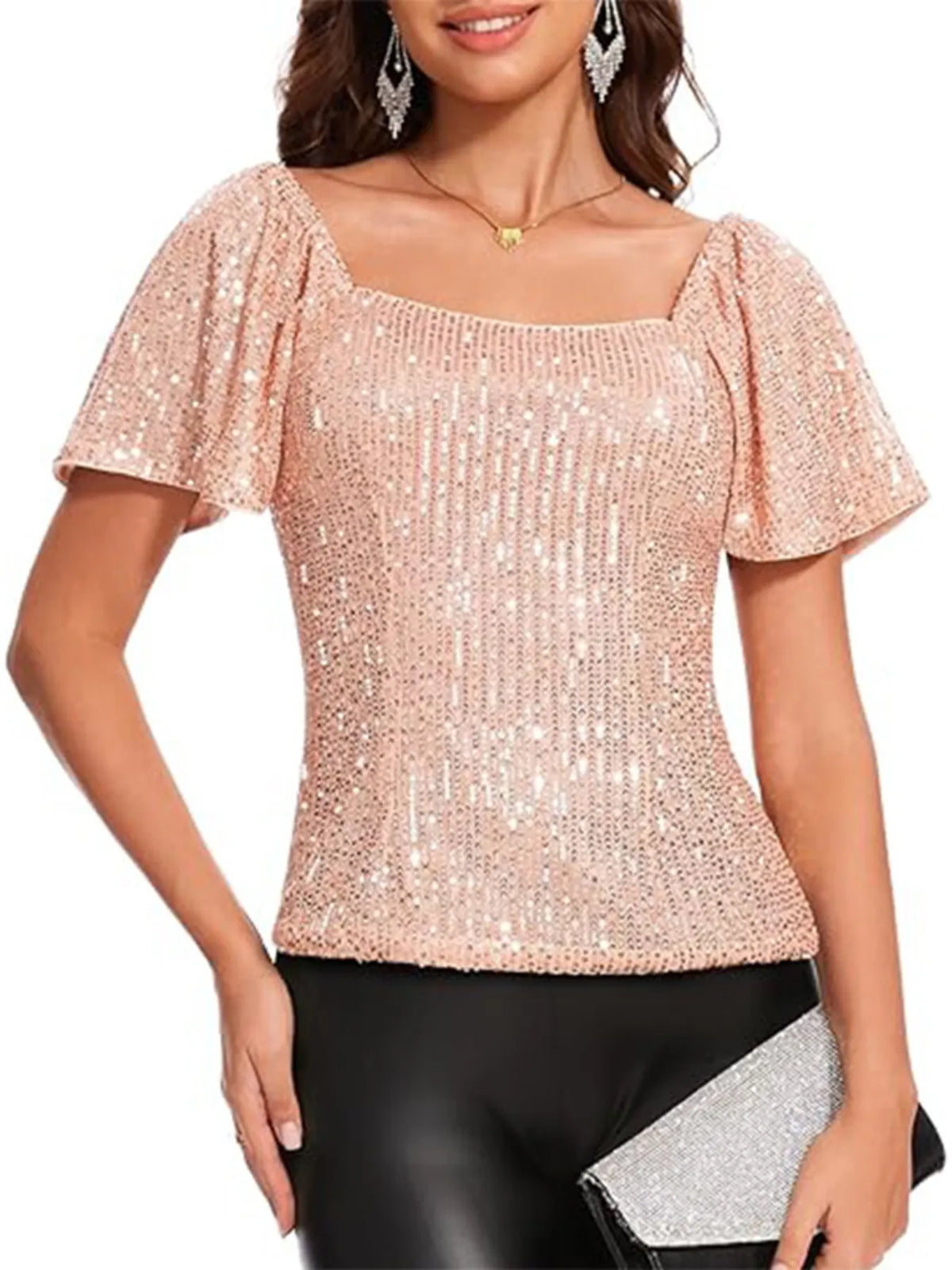 Square Neck Sequin Short Sleeve Blouse (11)