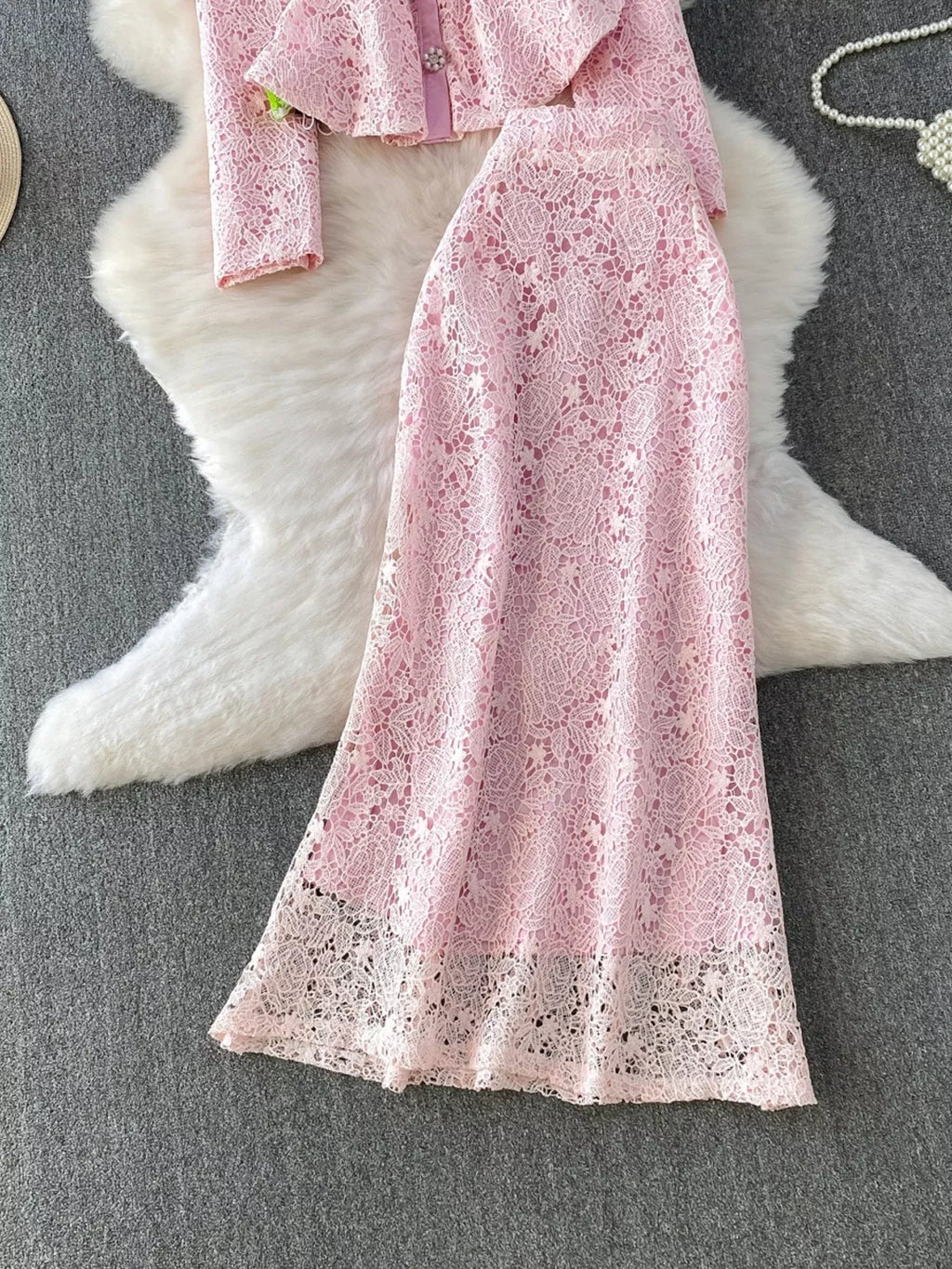 Lace Button Up Top Skirt Set (4)