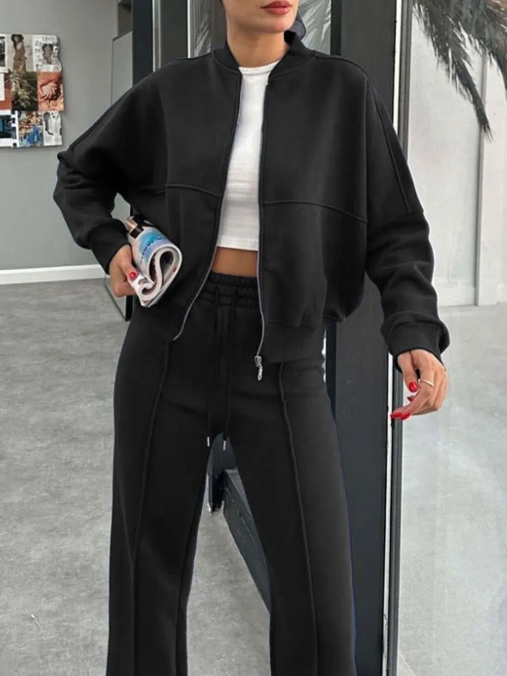 Baseball Collar Zip Up Outerwear Drawstring Pants Set (15)
