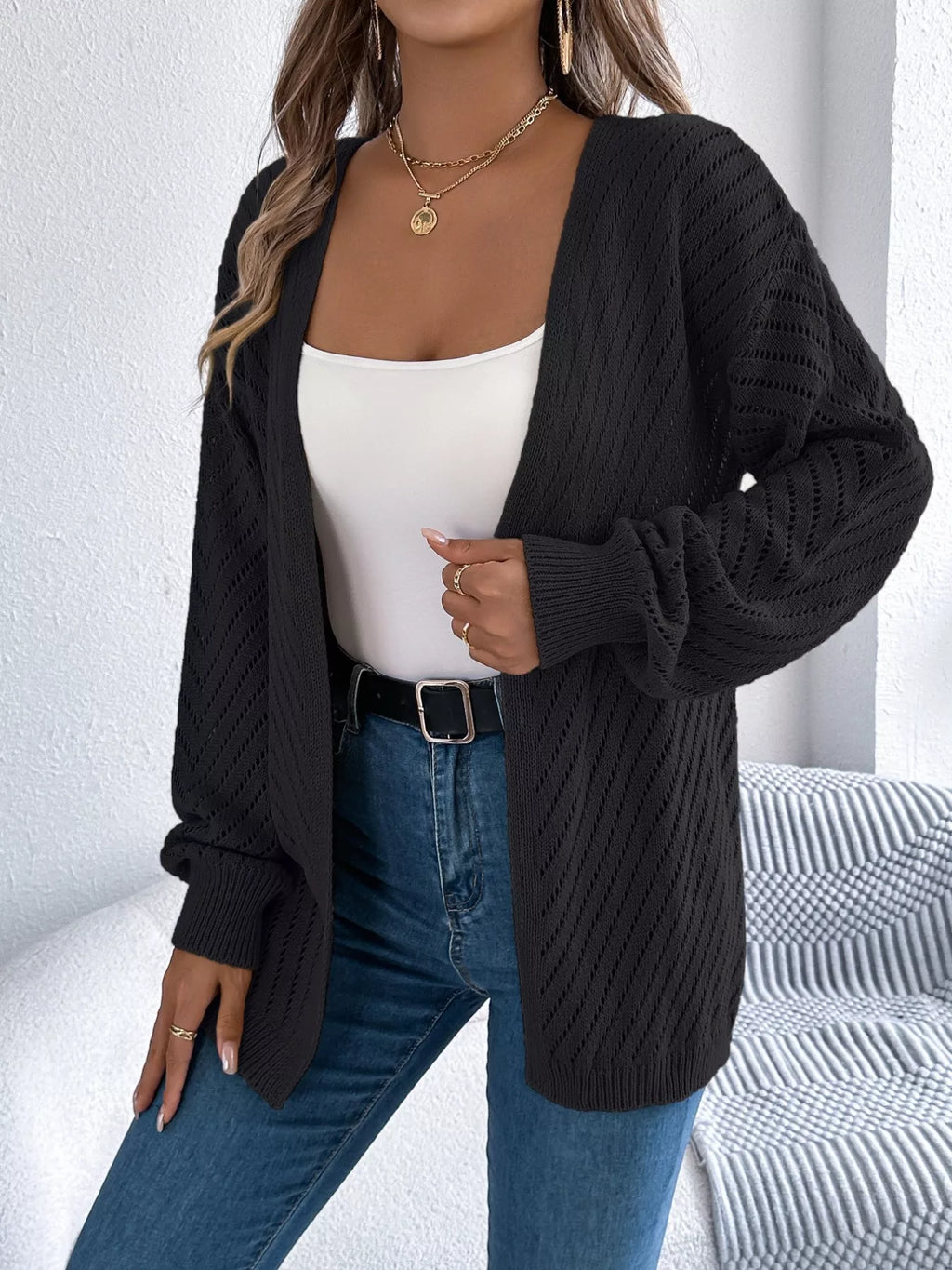Openwork Open-front Long Sleeve Cardigan (10)