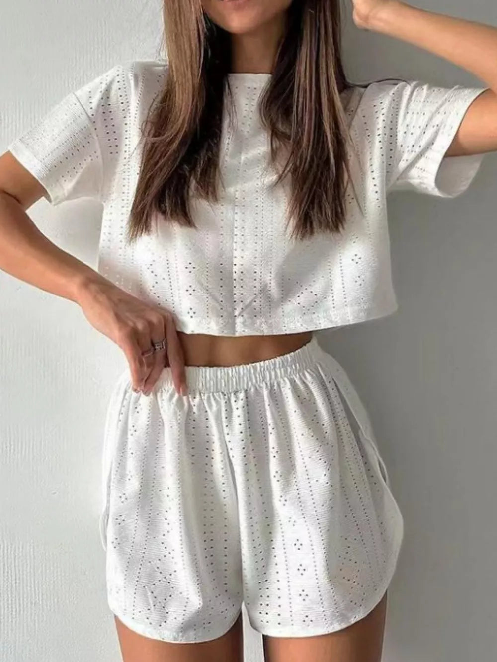 Eyelet Round Neck Top Shorts Set