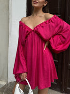 Deep V-neck Balloon Sleeve Dress (3)