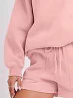 Round Neck Dropped Shoulder Top Drawstring Shorts Set (30)