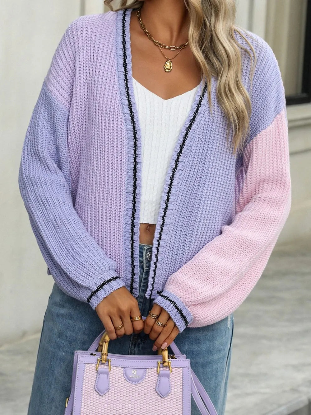 Contrast Open Front Long Sleeve Cardigan (8)