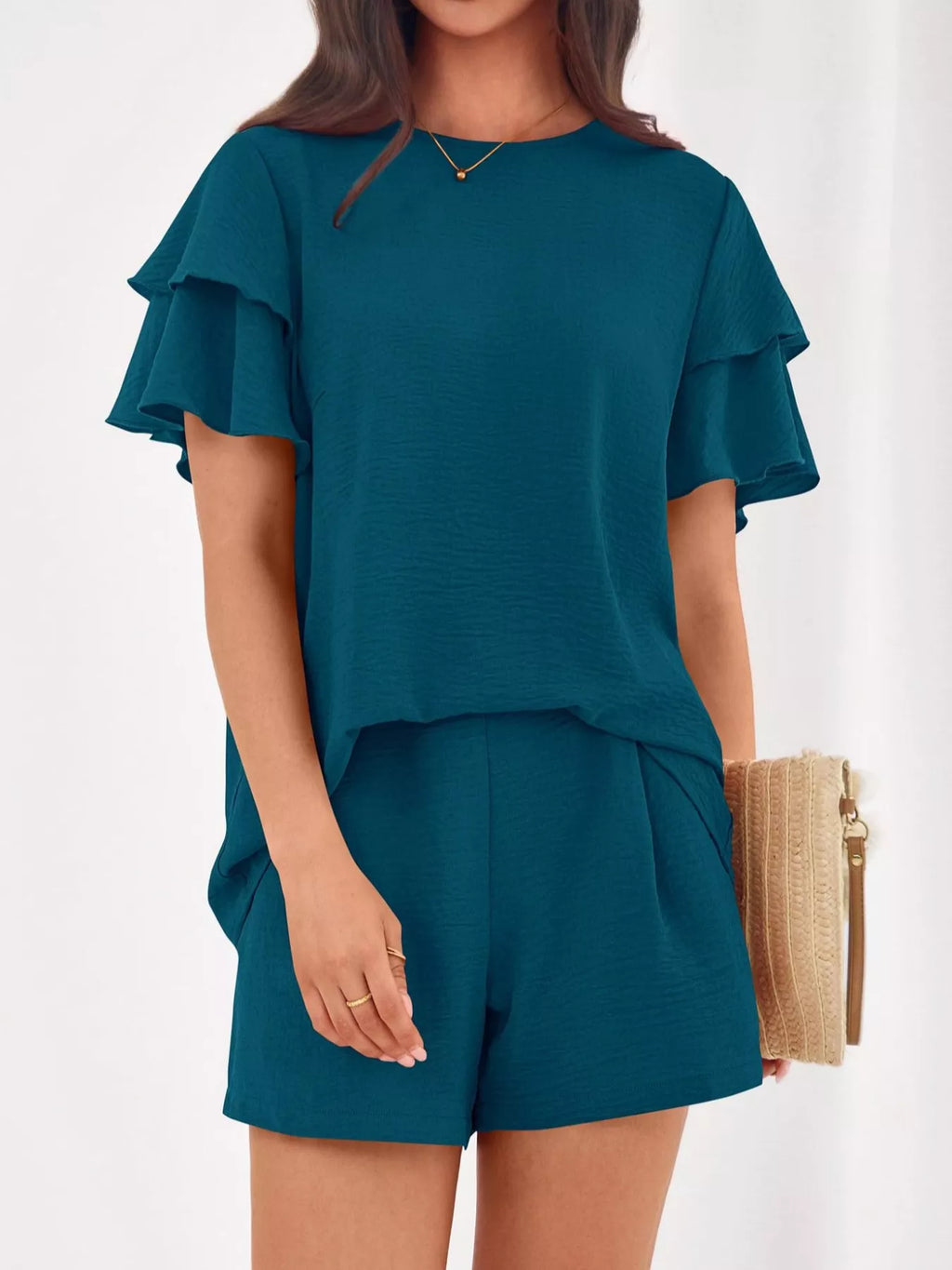 Ruffle Sleeve Top Shorts Two-piece Set (13)