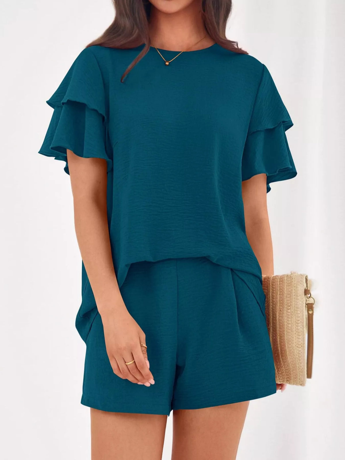 Ruffle Sleeve Top Shorts Two-piece Set (13)