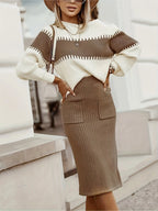 Two-tone Ribbed Knit Top Skirt Sweater Set (16)