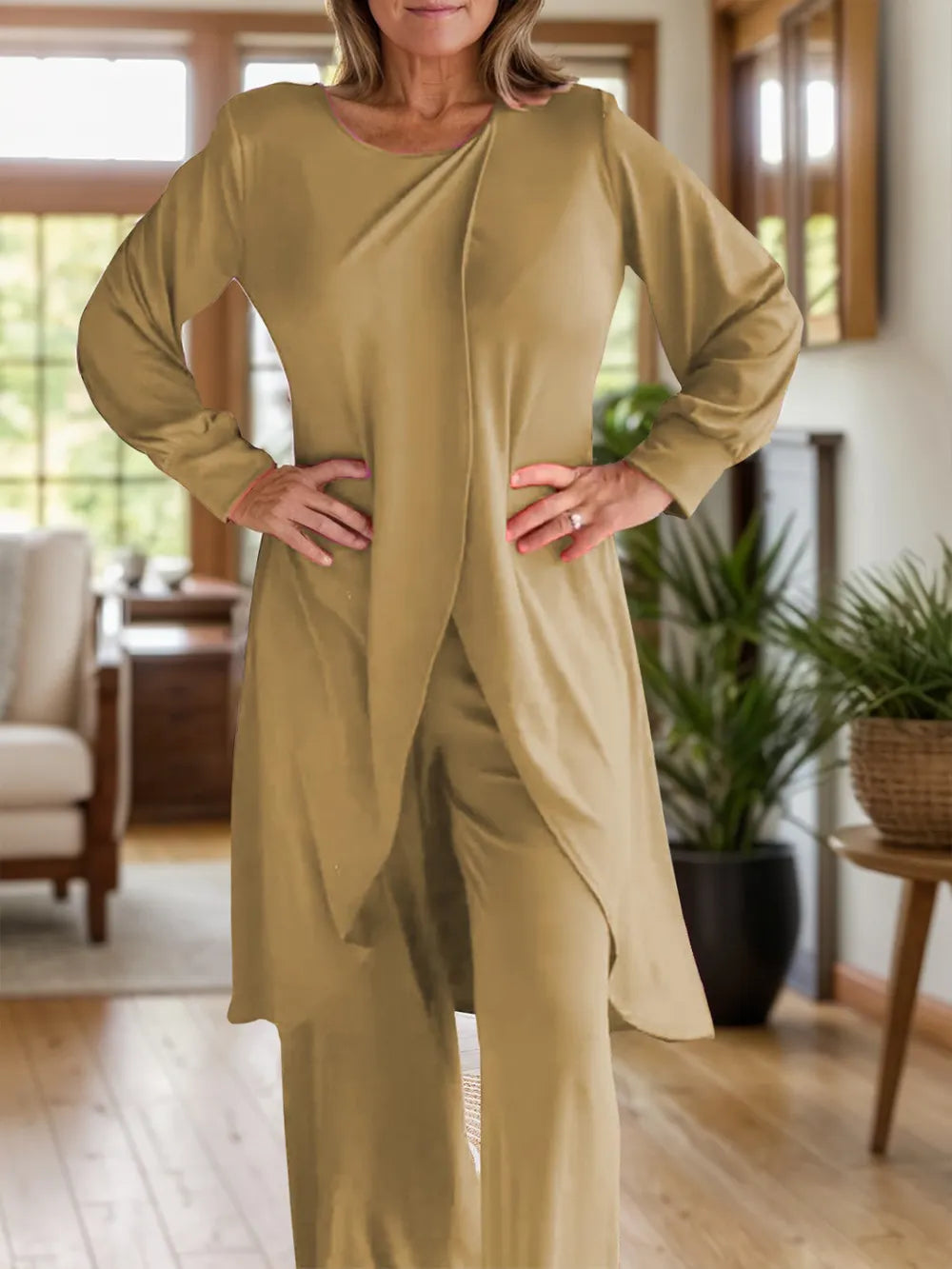 Full Size Slit Round Neck Long Sleeve Top Pants Set (23)