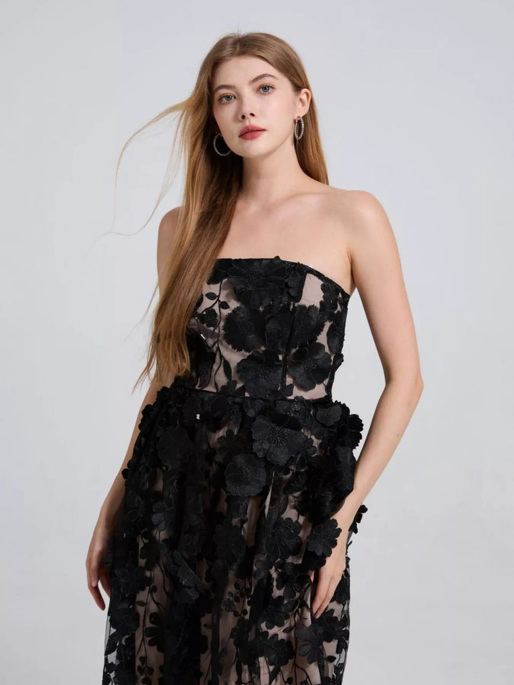 Floral Applique Strapless Midi Dress (7)