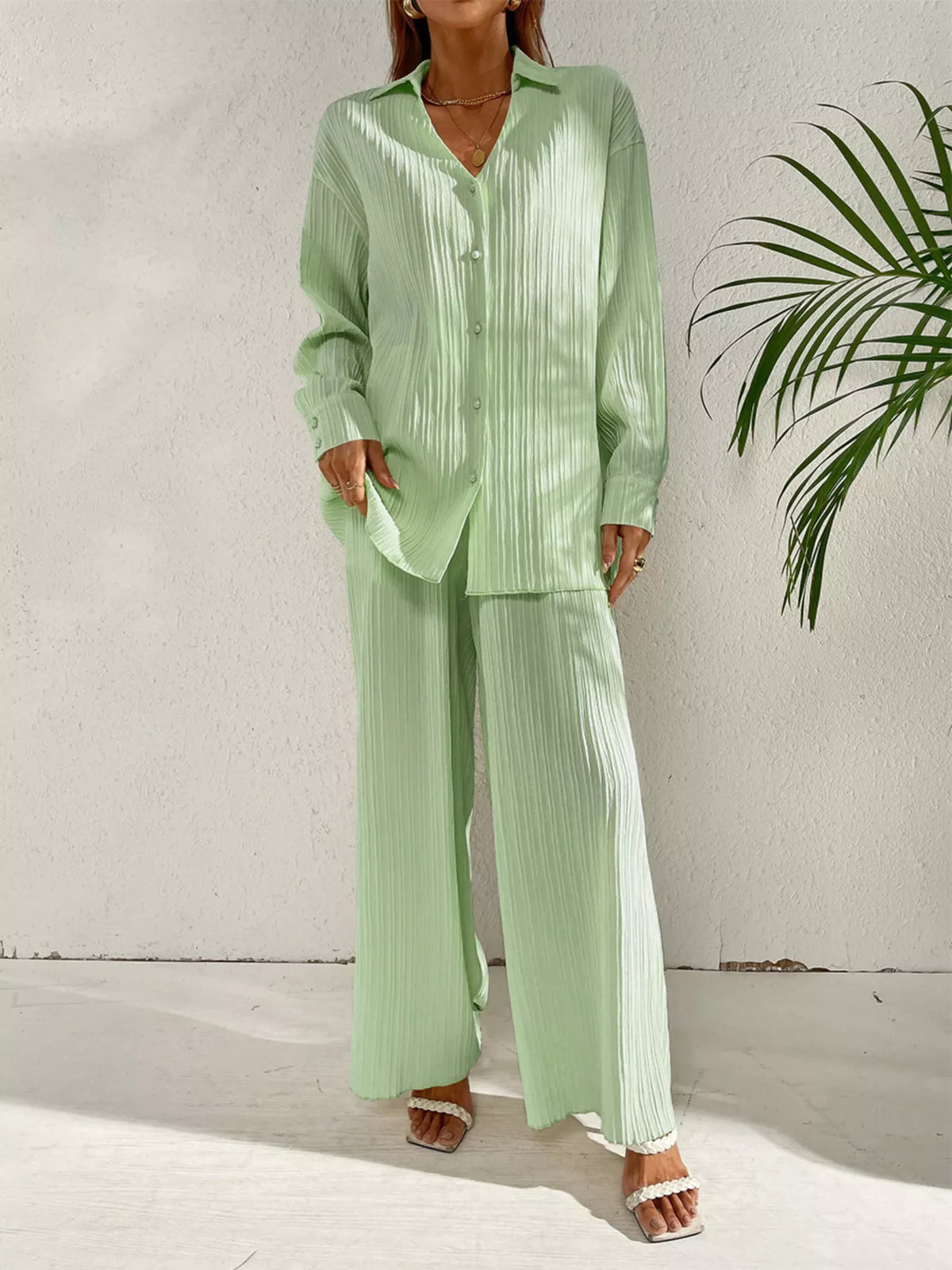 Long Sleeve Shirt Wide Leg Pants Set (10)