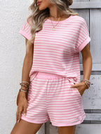 Striped Casual Round Neck Top Shorts Set (4)