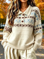 Full Size Vintage Fair Isle Pattern Polo Collar Sweater Plus