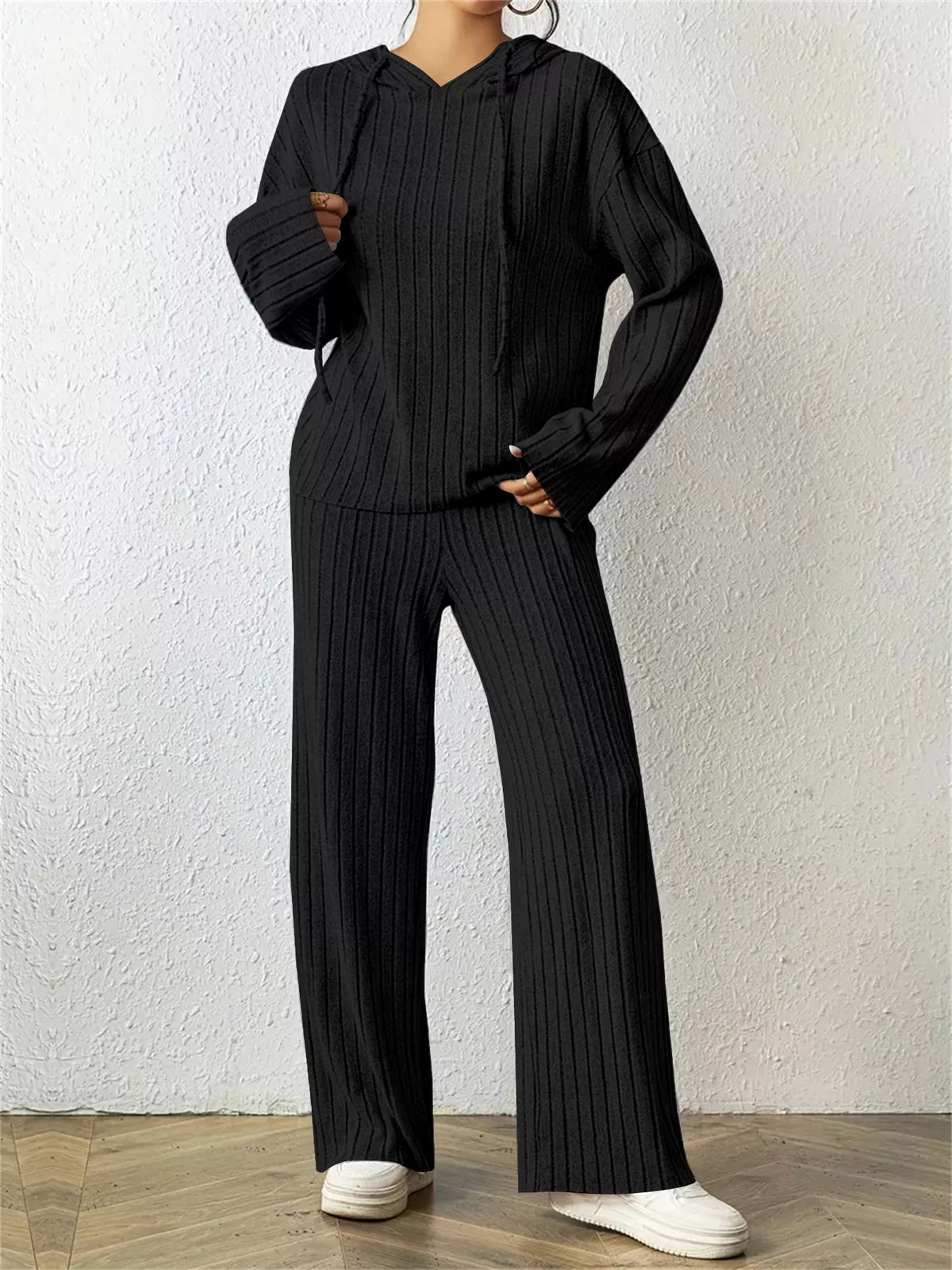 Ribbed Drawstring Hoodie Pants Set (7)