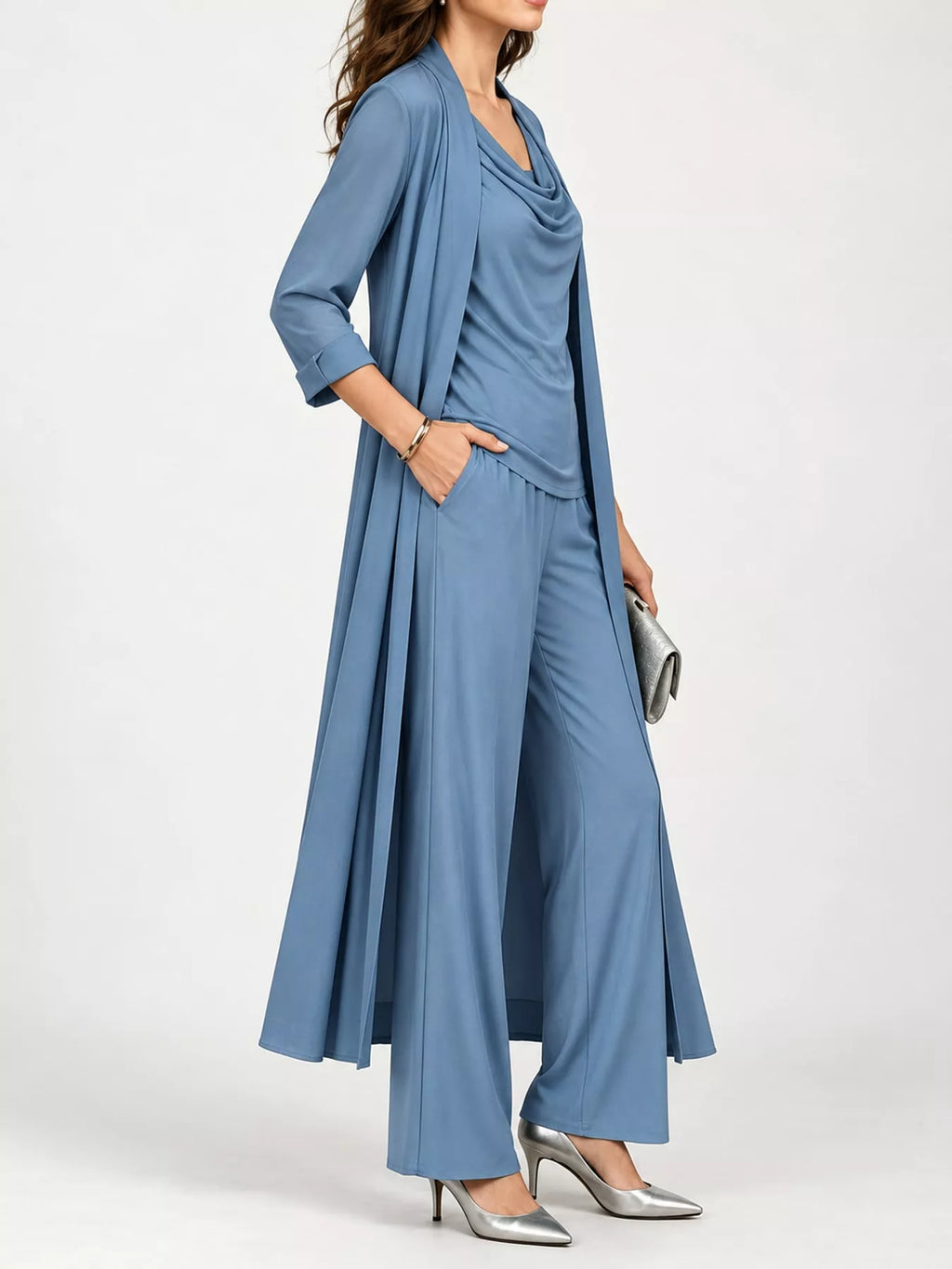 Full Size Cowl Neck Top Cardigan Pants Set Plus (6)