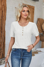 Eyelet Round Neck Short Sleeve Blouse (12)