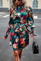 Printed Tie Waist Mock Neck Lantern Sleeve Dress (9)