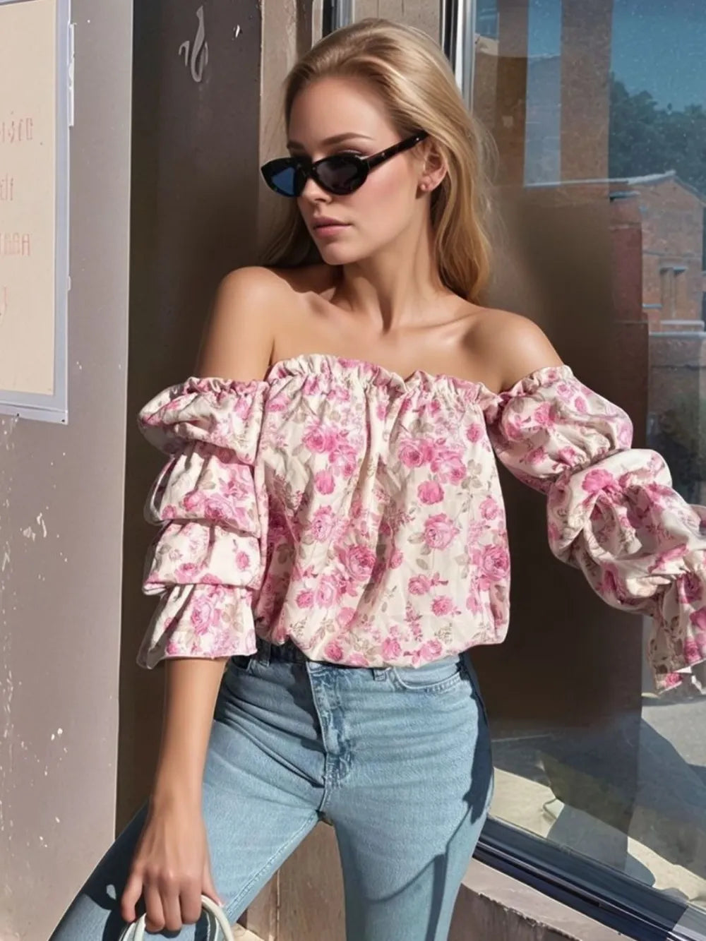 Printed Off-shoulder Flounce Sleeve Blouse (4)