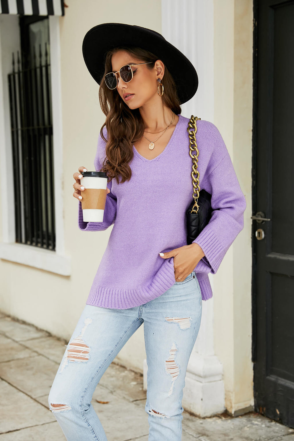 Drop Shoulder V-neck Knit Pullover (14)