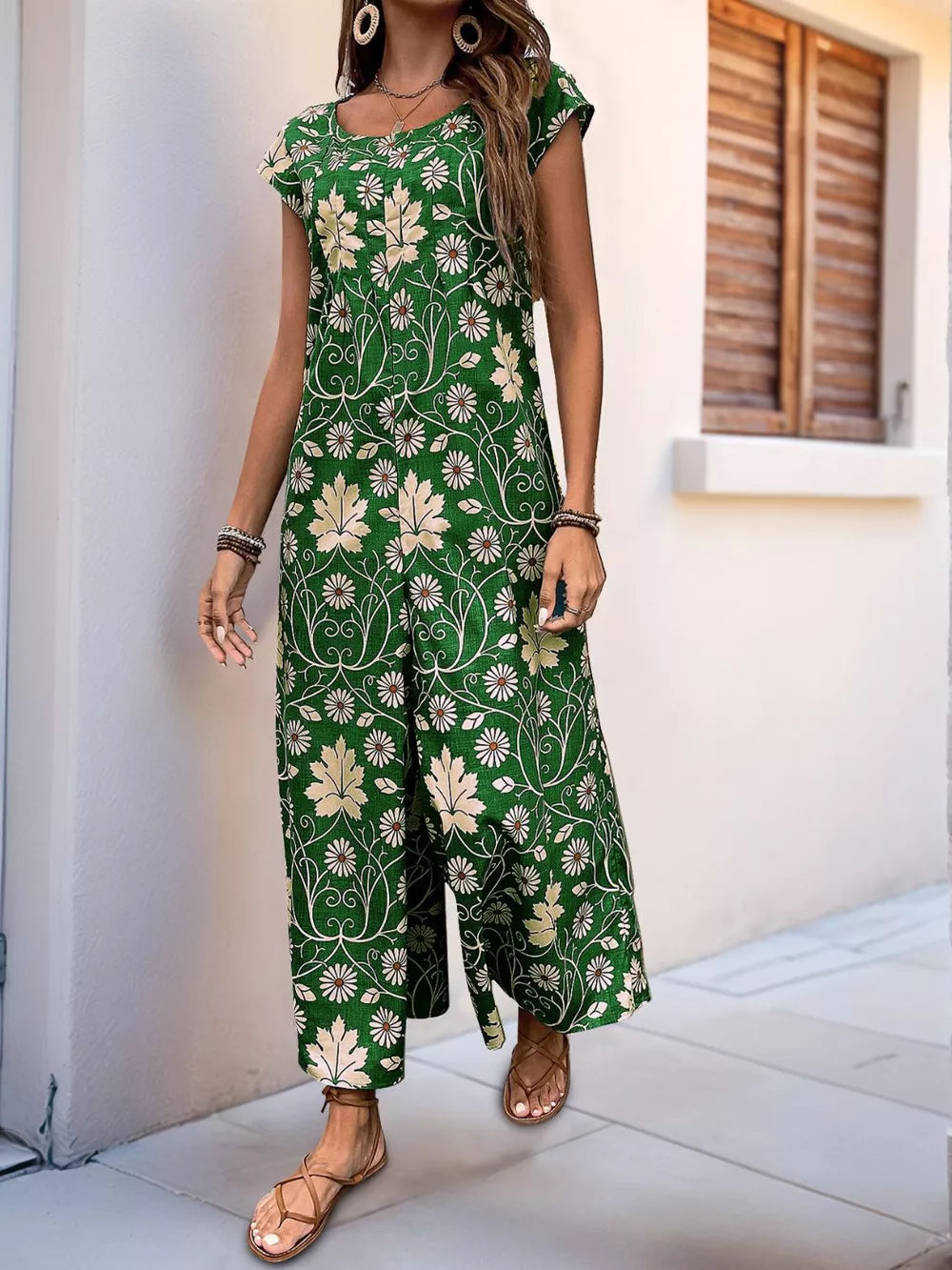 Printed Round Neck Cap Sleeve Wide Leg Jumpsuit (13)