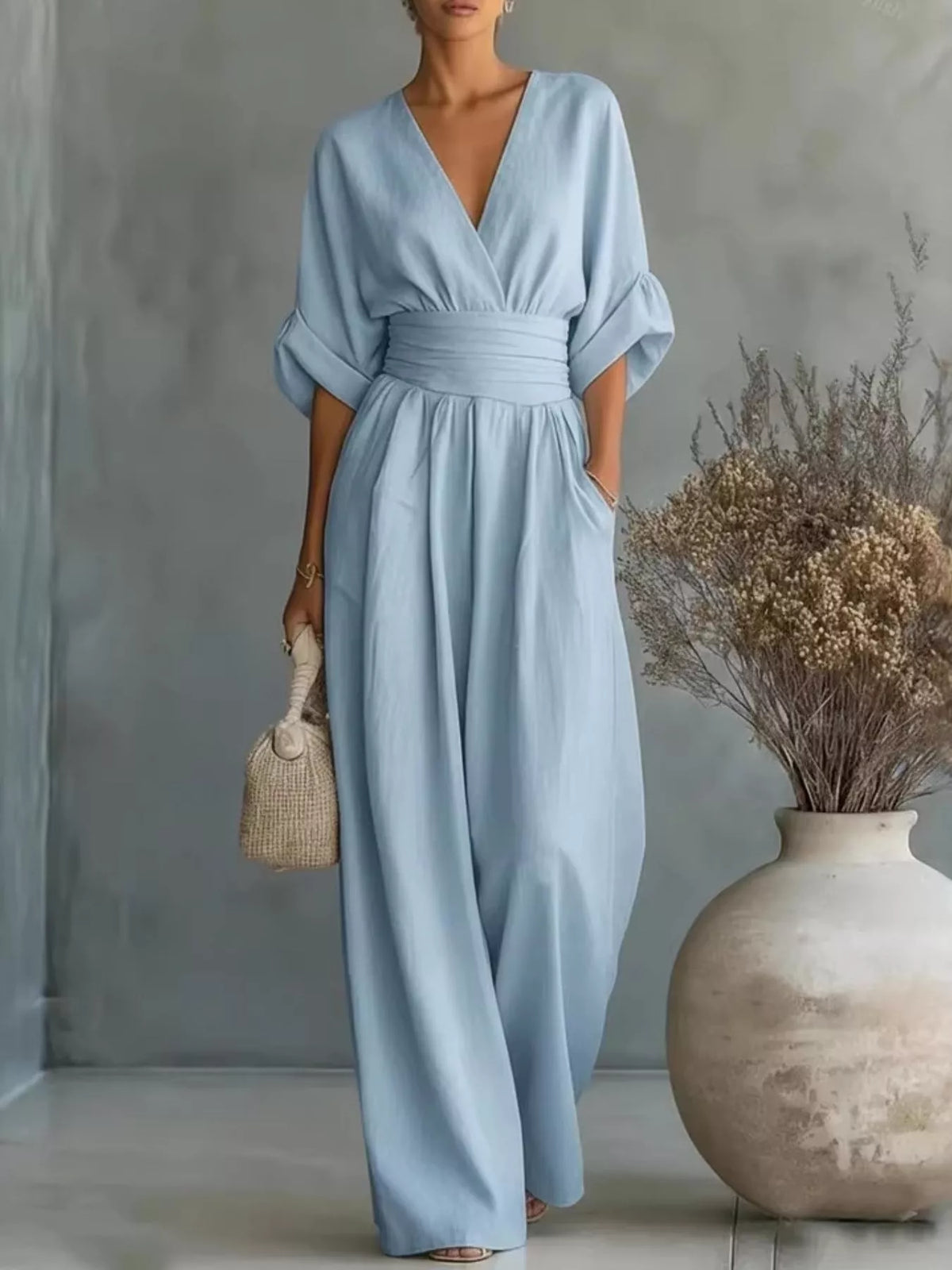 Full Size Half Sleeve Wide-leg Jumpsuit Plus