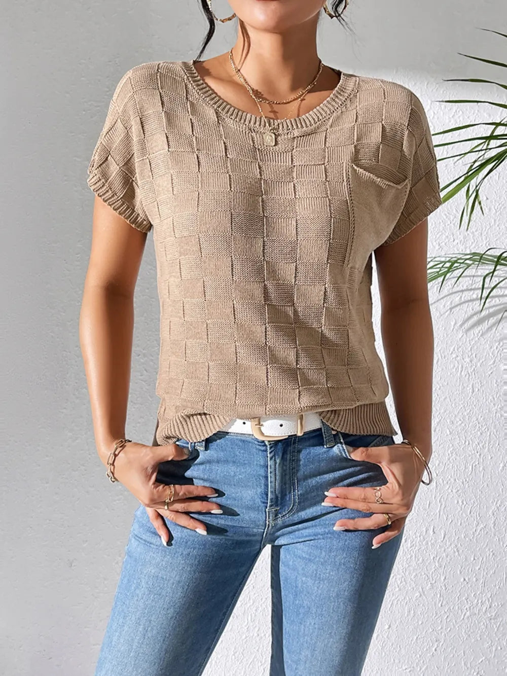 Round Neck Short Sleeve Knit Top (15)