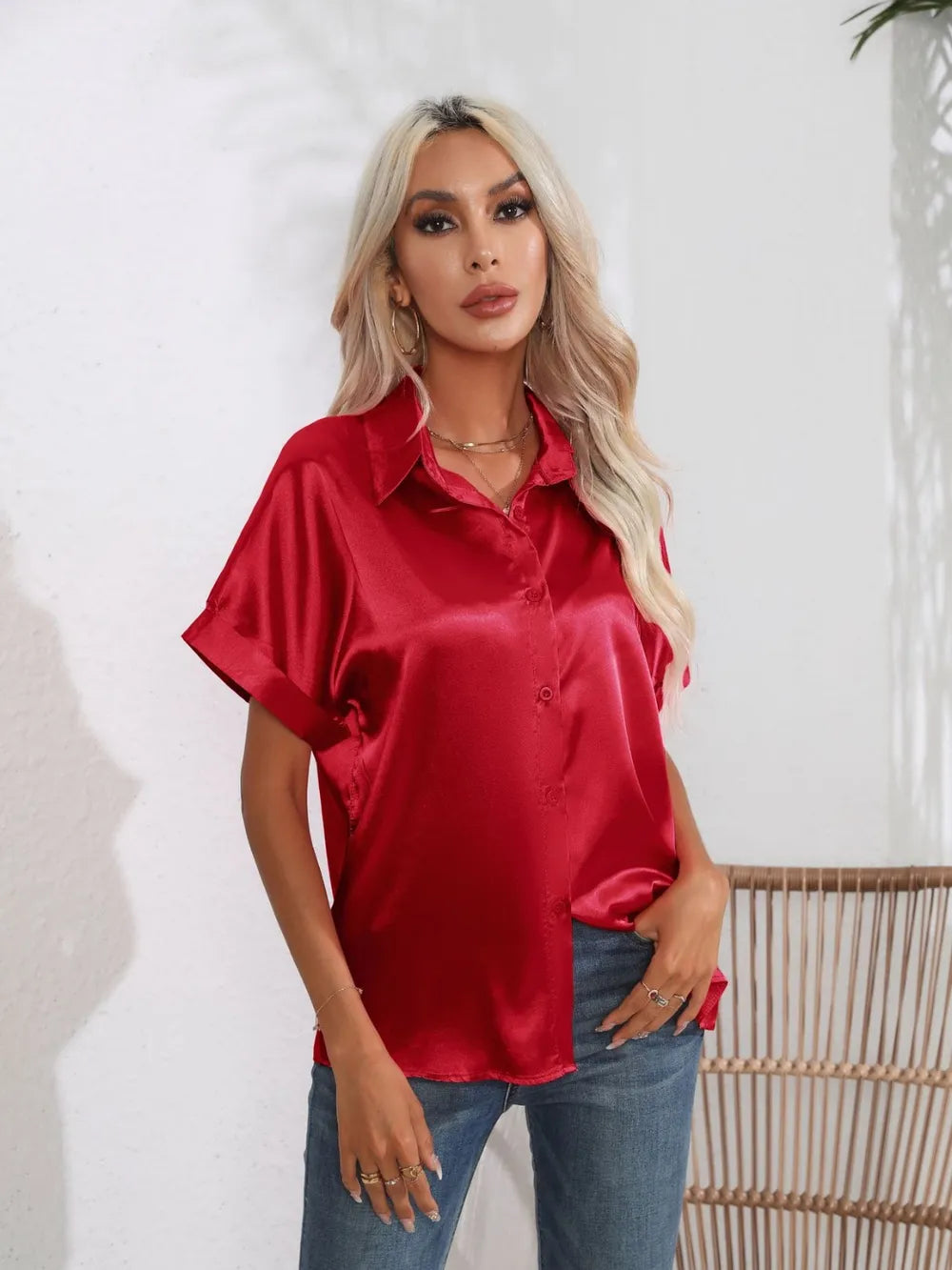 Button Down Collared Neck Short Sleeve Satin Shirt (32)