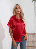 Button Down Collared Neck Short Sleeve Satin Shirt (32)