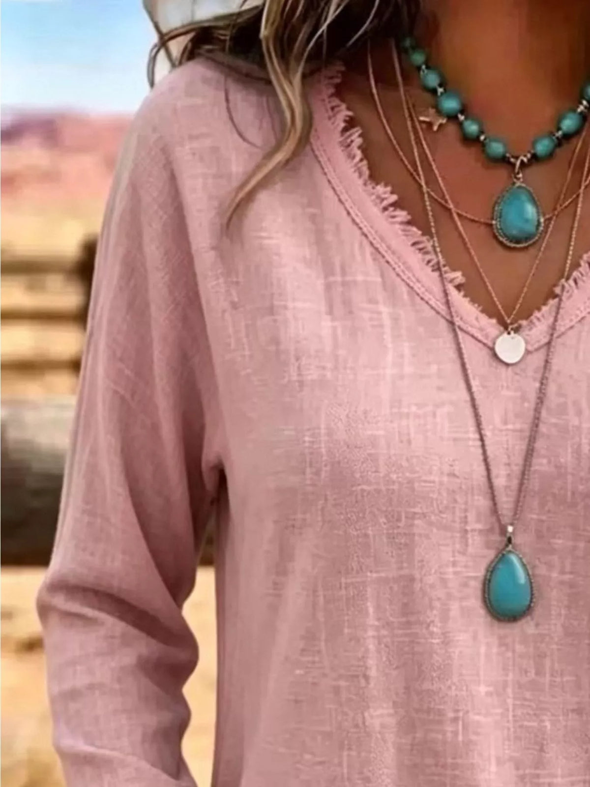 V-neck Long Sleeve Blouse Frayed Hem Detail (19)